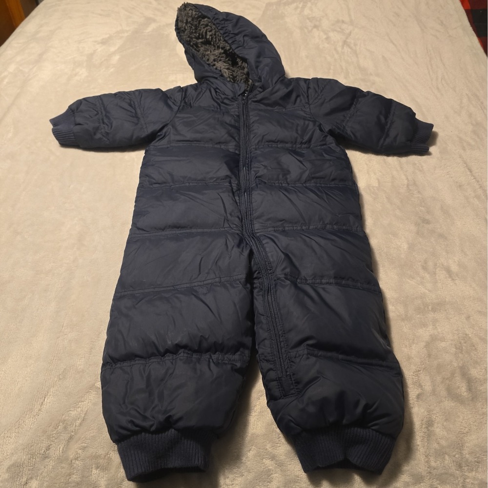 Baby Gap Navy Blue Fleece Lined Down Snowsuit Hooded Zip Front Size 18-24 months